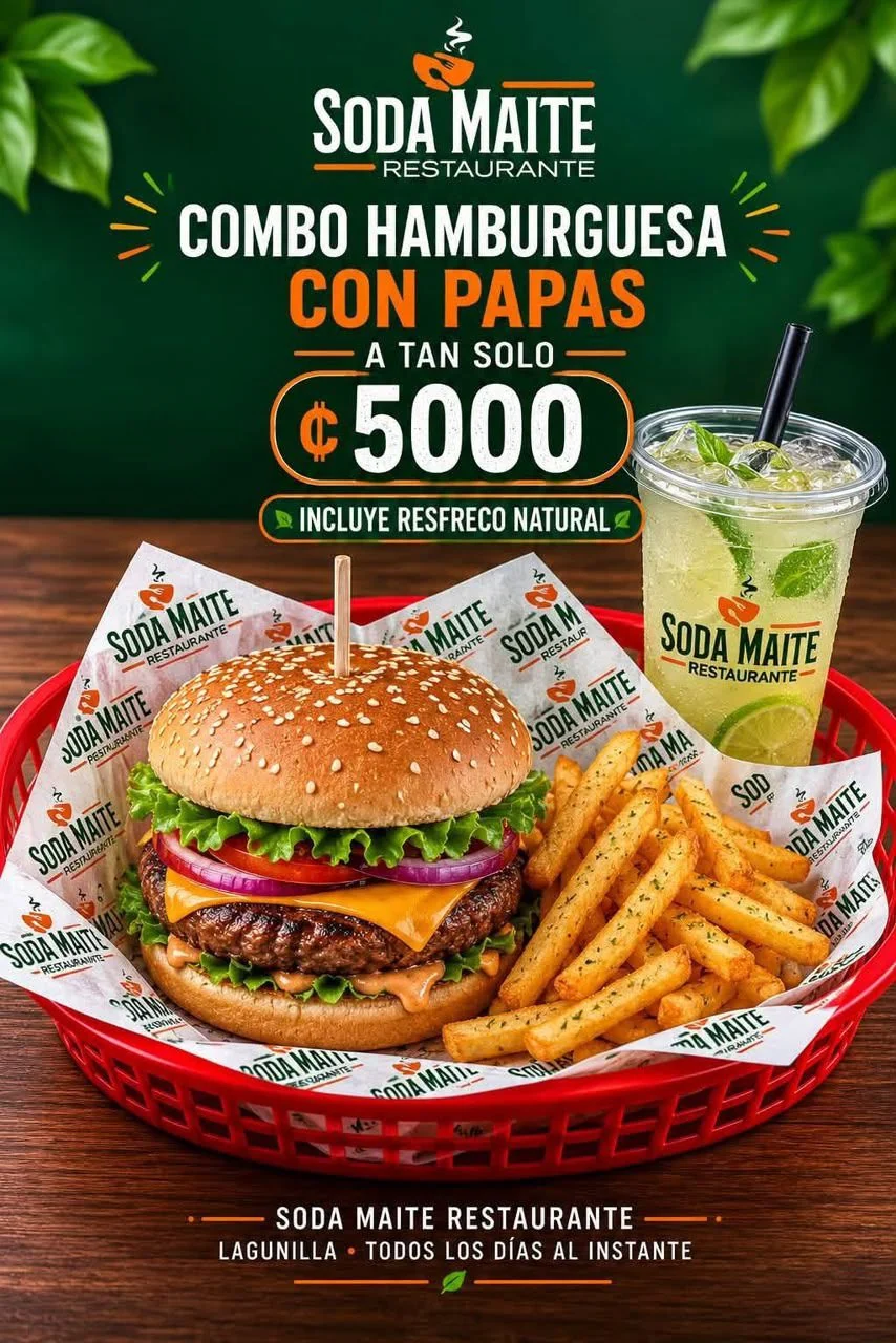 Combo hamburguesa con papas a ₡5.000, incluye refresco natural