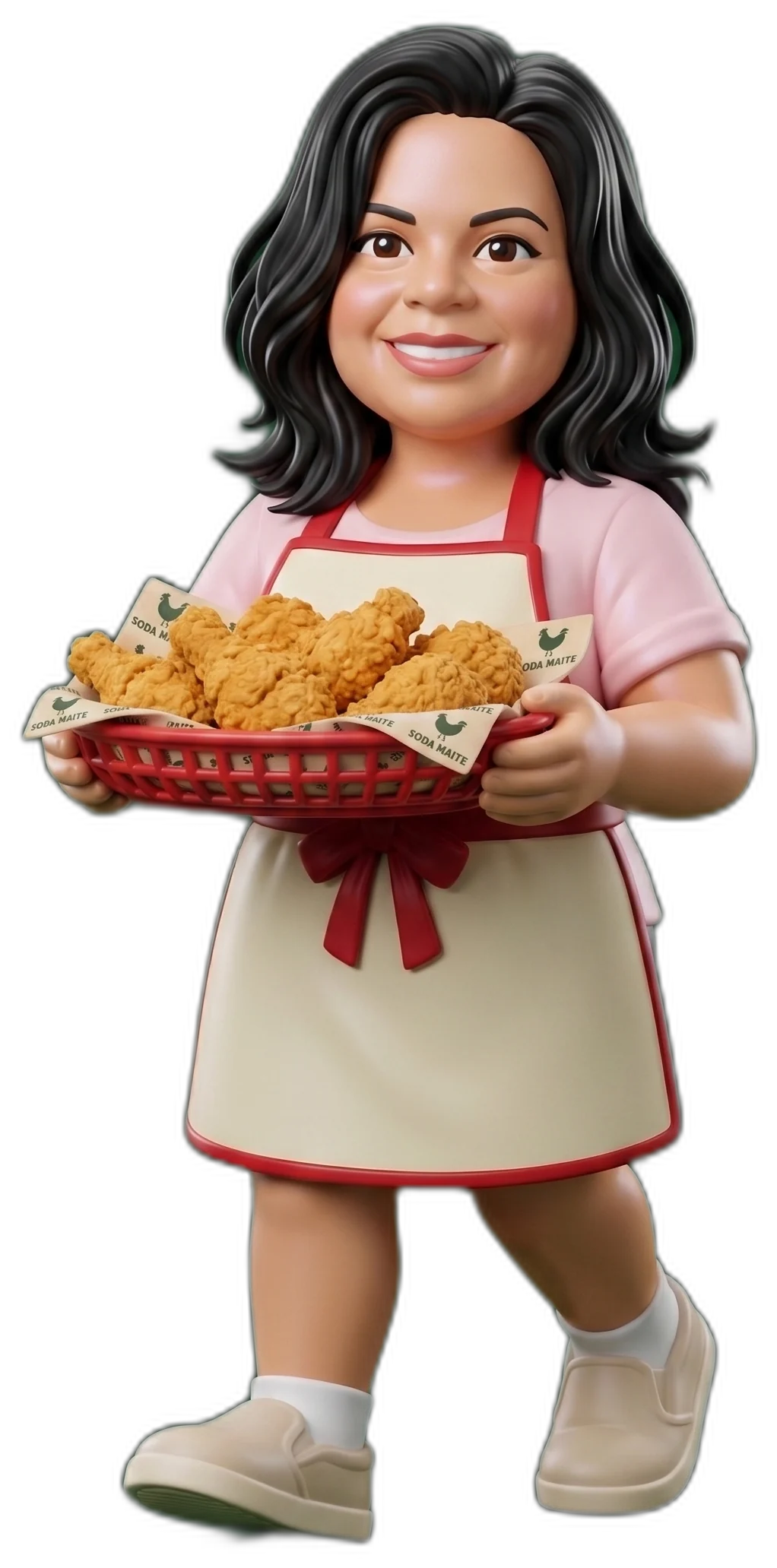 Figura de Doña Maite dándote la bienvenida con una canasta de pollo frito
